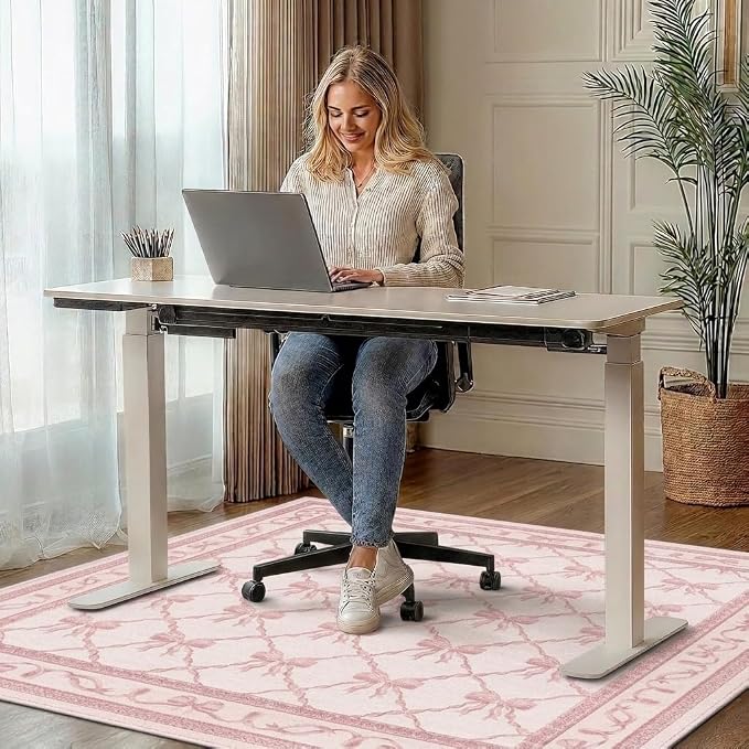 36"x60" Office Chair Mat for Hardwood Tile Floor, Under Desk Carpet Protector for Rolling Computer Chair Mat, Machine Washable Area Rug, Anti-Slip 1/5" Thick Low Pile Thin Vinyl Floor Mat, Baby Pink