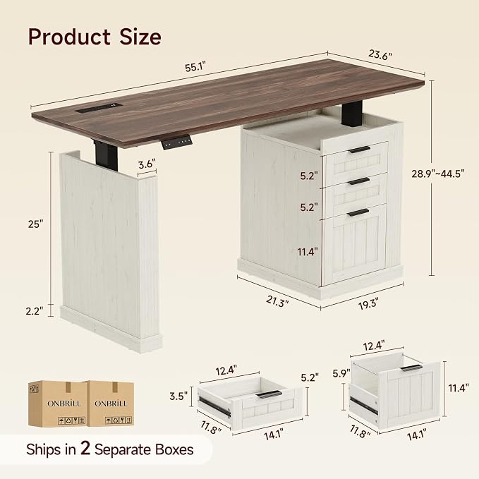 55" Electric Standing Desk with File Cabinet, Computer Desk Walnut&White | Height Adjustable Desk with 3 Drawers, Farmhouse Sit-stand Desks w/ Power Outlets, Home Office Stand up Desk for Work, Study