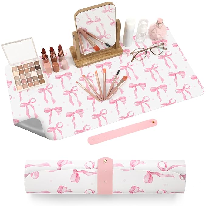 Teenyyou Coquette Bow Makeup Mat for Vanity Top Protector Back to School Gift 23.6" X11.8" Dual Side Leather Desk Mouse Pad Girly Waterproof Nonstick Dressing Vanity Cover for Women Home Office