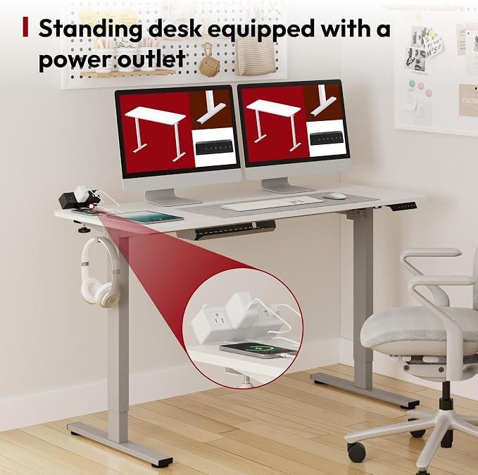 SANODESK Electric Standing Desk with Desk Clamp Power Strip 60"x 24" Whole-Piece Desktop Height Adjustable Stand Up Desk with Cable Management Sit Stand Home Office Desk Silver Frame/White Top