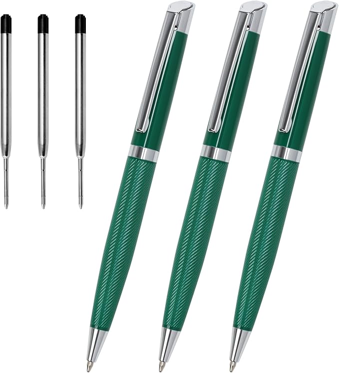 Cambond Ballpoint Pens Black Pens - Bulk Metal Pen for Journaling Gift Business Men Police Flight Attendants 1.0 mm Medium Point Nice Pen, 3 Pens with 3 Refills (Deep Green)