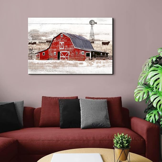 Country Old Barn Landscape Wall Art Farmhouse Windmill Wall Decor for Living Room Kitchen Office Vintage Highland Cow Poster Canvas Prints Rustic Meadow Scenery Painting Artwork Decorations 24x36”