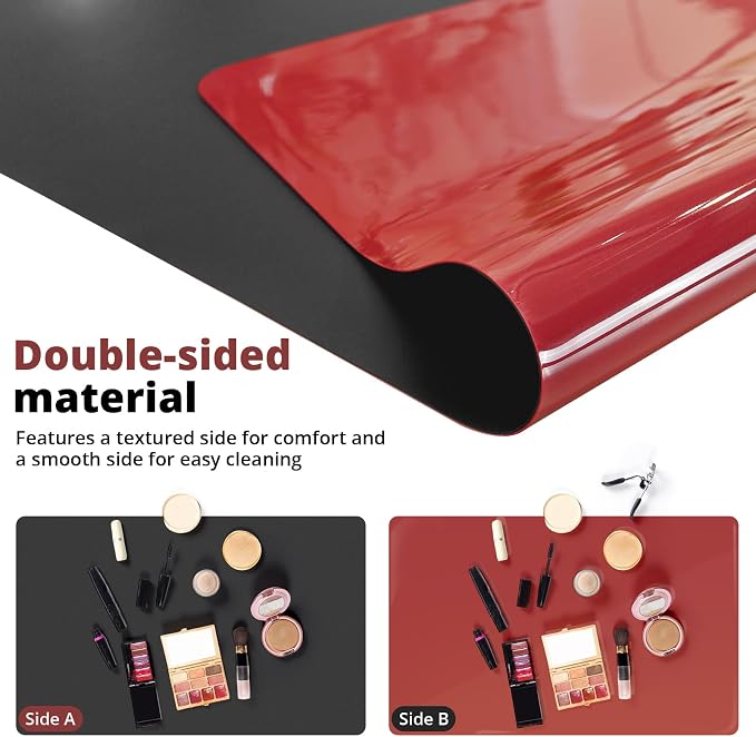 LovePads Makeup Mat for Vanity, 16 x 32 Dual-Sided Desk Pad & Vanity Cover Top, Waterproof PVC Protector Mat for Dresser, Nail Art, Craft Table (Black+Red)