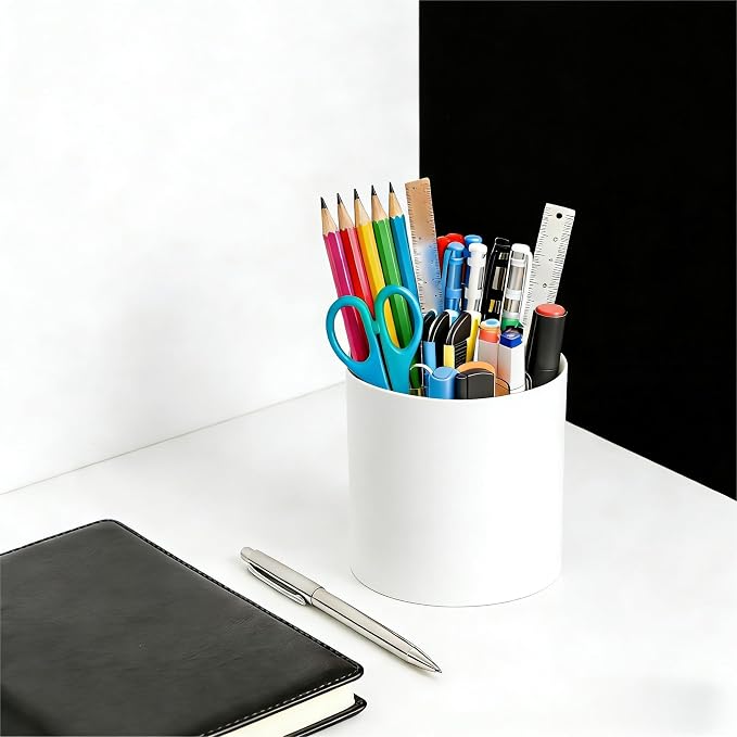 360 Rotating Acrylic White Pen Holders and Pencil Cups for Desk,Small Cute Desk Organizers Accessories and Makeup Brush Holder,Spinning Pencil Caddy School Supplies Organizer for Teacher,1PCS