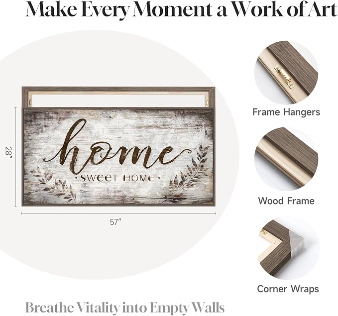 Large Framed Home Sweet Home Wall Art for Living Room, Vintage Rustic Brown Canvas Artwork for Walls, Family Sign Farmhouse Horizontal Painting Print Wall Decor for Bedroom Hallway Office, 30x60 Inch