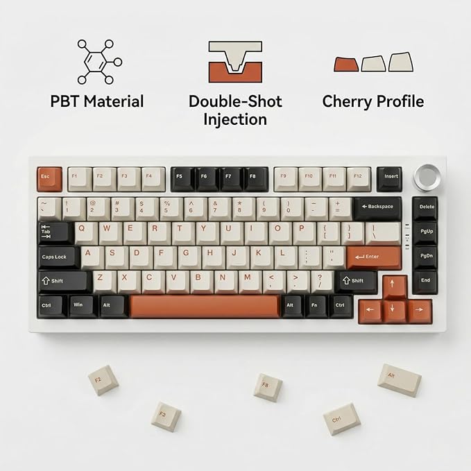 130 Keys PBT Keycaps Set, Double Shot Cherry Profile Custom Keycaps, Black White Brown Retro Style Keycap Set for Mechanical Keyboard 60% 65% 75% 87% 96% 104% Layout, MX Switches