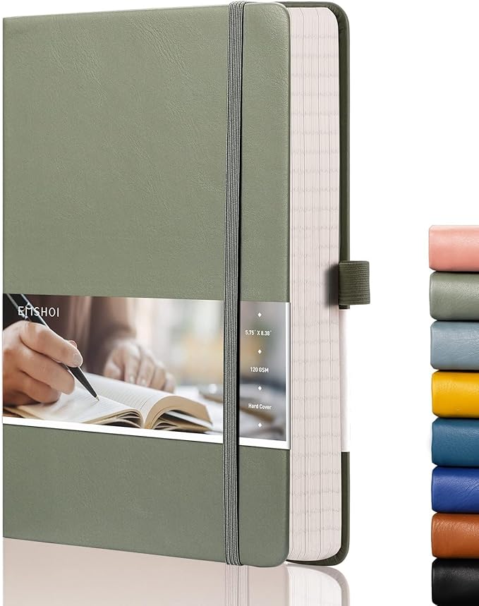 EMSHOI A5 College Ruled Notebook, 256 Numbered Pages 120GSM Ink-Proof Faux Leather Hardcover Lay-Flat Lined Journal for Work Office School Travel Writing, Small 5.75" x 8.38", Green