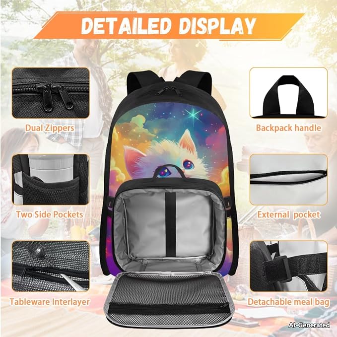 Doojoayie Cat Backapack for Girls 4-6 6-8 Trendy School Backpack for Teen Girls Colorful Cloud Bookbag with Lunch Box, Water Bottle Holder, Pencil Case Heavy Duty School Bags Set of 4