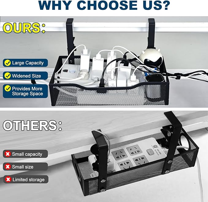 Large Under Desk Cable Management Tray - Heavy Duty Metal Cord Organizer with No Drill Installation for Office & Home Office Desks to Hide Wires & Power Strips (Black, XL)