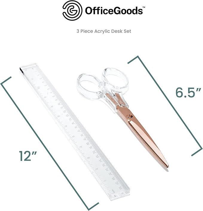 3-Piece Acrylic Desk Set, Clear with Rose Gold Metal | Ruler, scissors, and staple remover set, Functional and elegant desk accessories, Stationery tools for office, and school