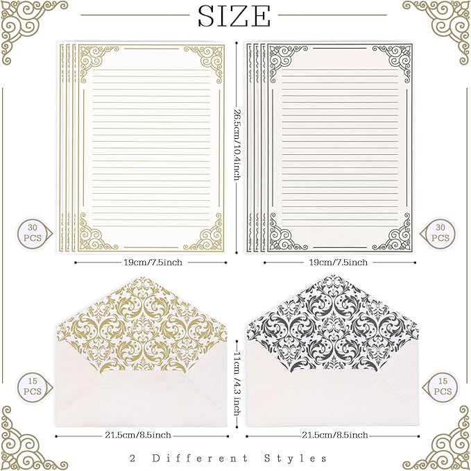 AnyDesign 60 Sheets Vintage Stationery Paper with 30Pcs Self-Adhesive Envelopes Gold Black Border Letter Paper Liner Double-Sided Writing Paper for Birthday Wedding Invitation Thank You Greetings