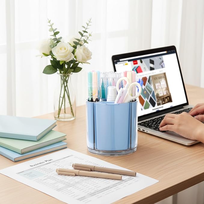 Comix 360° Rotating Pen Holder for Desk, Blue Pencil Holder with 5 Slots | Expandable Capacity, Acrylic Pen Organizer Easy to Clean, Cute Pencil Cup for Home School Office Art Supplies