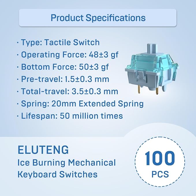 ELUTENG Ice Blue Mechanical Keyboard Switches 100 Pieces 48gf Tactile Switches for Gaming Mechanical Keyboards 5 Pins POM Stem Pre Lubed Key Switches Compatible with MX Mechanical Keyboard Switch Set