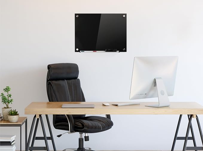 Real Glass Dry Erase Board, 18" x 24", Tempered Glass Surface, Frameless Wall Mount, with 4 Assorted Color Markers and Eraser, by Better Office Products (Jet Black)