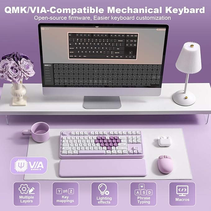 YUNZII B87 Wireless Mechanical Keyboard,QMK/VIA Programmable,TKL Layout 87 Keys,BT/2.4G/USB-C,Hot Swap Gasket Mount RGB Backlit Gaming with Wrist Rest for Win/Mac (Purple Heart, Cocoa Cream V2)