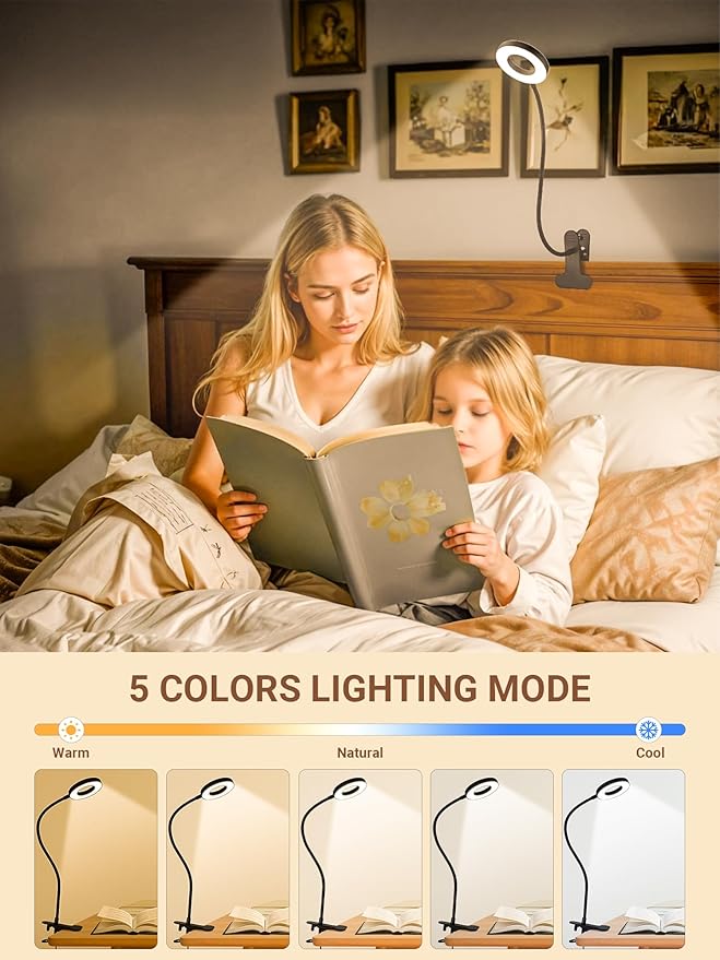 Clip on Lamp,5 Colors+10 Brightness Memory LED Desk Lamp with Clamp Light | 550lm Bright Clip on Light for Bed Headboard/Bedside Table,360° Adjustable Reading Light for Bed/Dorm/Nail/Puzzle,USB Adapter