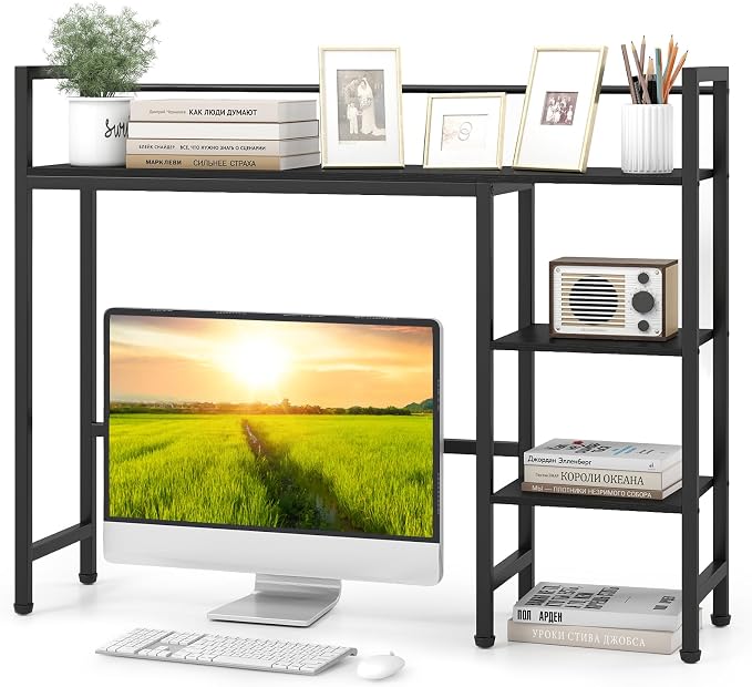 Tangkula 4-Tier Desktop Bookshelf, 38.5" Dorm Desk Hutch, Black | Tabletop Hutch for Computer Monitor, 4 Open Storage Shelves, Anti-tip Device, Desktop Display Shelves for Home Office