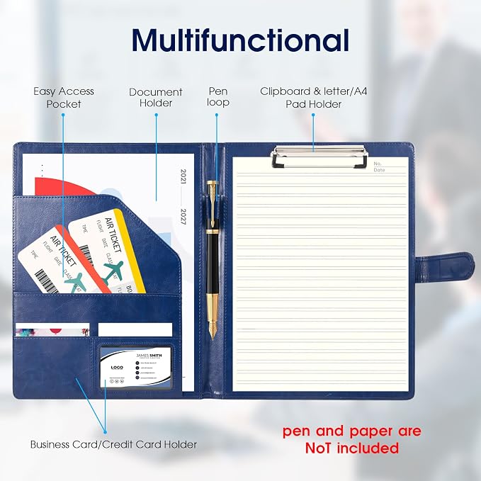 Professional Portfolio Binder with Clipboard, Faux Leather Padfolio Organizer for Resume, Interview Business Conference, Legal Pad Holder for A4 Letter Size Notepad with Multi-Pocket Storage (Blue)