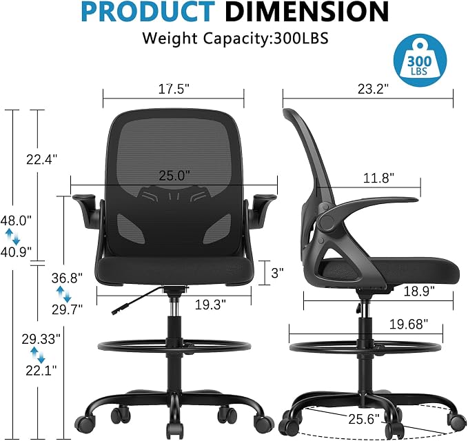 Kensaker Drafting Chair Tall Office Chair, Ergonomic Standing Desk Chair with Adjustable Foot Ring and Flip-up Armrests, Mesh Computer Chair for Art Studio, 300 LBS, Black