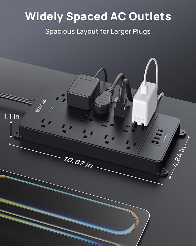 TROND Surge Protector Power Strip, 4000 Joules, ETL Listed, 13 Widely-Spaced Outlets Expansion with USB C Ports, Low-Profile Flat Plug, Wall Mountable, 5ft Extension Cord, 14AWG Heavy Duty, Black