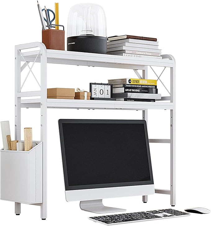 Desk Hutch Dorm with Adjustable Shelves and Side Pockets | 2-Tier Desktop Bookshelf Organizer, Monitor Stand, Large-Capacity Display Shelf Rack for Home Office or Study, White