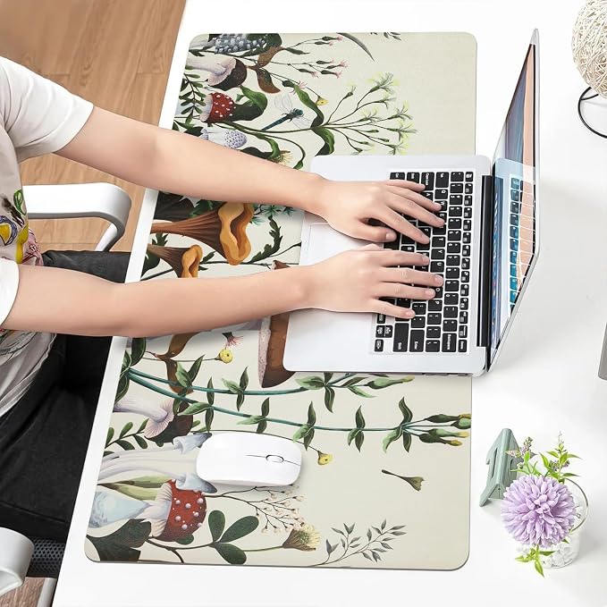 Bloss Mushroom Desks Pad, Clearance Overstock Limited Stock Discontinued Size 31.5" x 15.7" Large Leather Mouse Pad for Desktop, Desk Mat for Keyboard and Mouse,Waterproof Computer Laptop Desk Mat