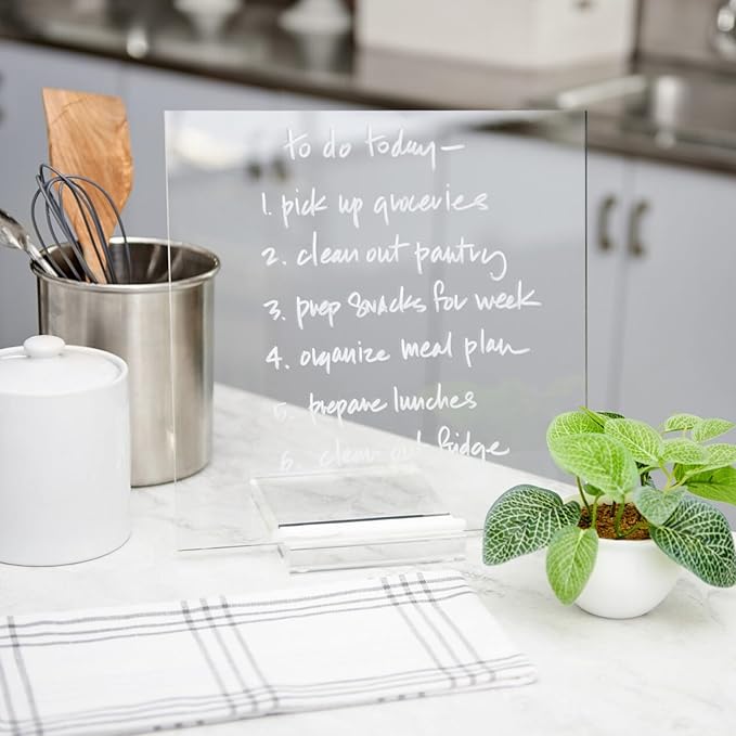 russell+hazel Acrylic Dry Erase Board and Marker, Memo Tablet for Desktop with Stand, Clear Acrylic, 12” x 6” x 11.5” (31384)