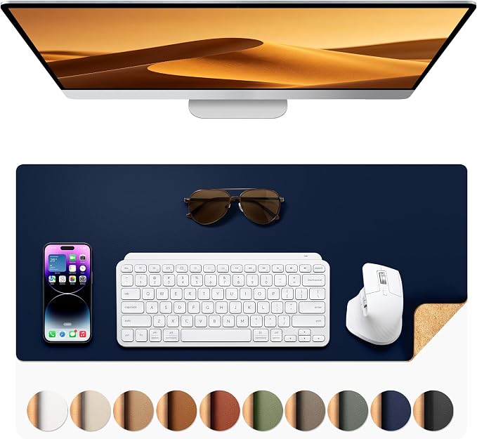 Aothia Dual-Sided Desk Mat, FSC Cork & PU Leather Desk Pad, Large Mouse Pad & Writing Surface for Compact Workspace, Non-Slip Waterproof Desk Protector - 25.6" x 13.7", Dark Blue