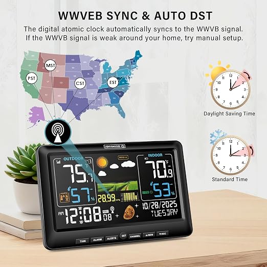BluSon Weather Station Wireless Indoor Outdoor Thermometer with 3 Sensors | Color Display Digital Temperature Humidity Monitor with Atomic Clock, Weather Forecast, Adjustable Backlight, Barometer Black