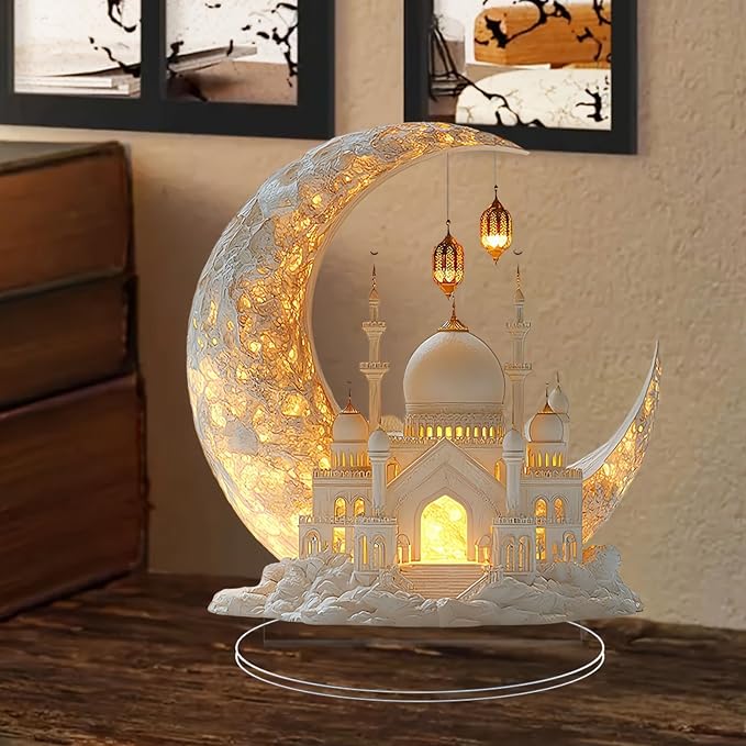 Ramadan Decorations for Home, Ramadan Gifts for Kids, Table Decor, Acrylic Desktop 2D Spray Painted Acrylic Crescent and White Palace Design (F)