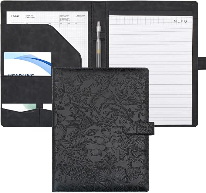 VANRA Padfolio Portfolio Binder Faux Leather Interview Resume Folder with Notepad, Document Organizer Card Holder, Letter-Sized Notepad Portfolio Organizer for Business School Office (Black)