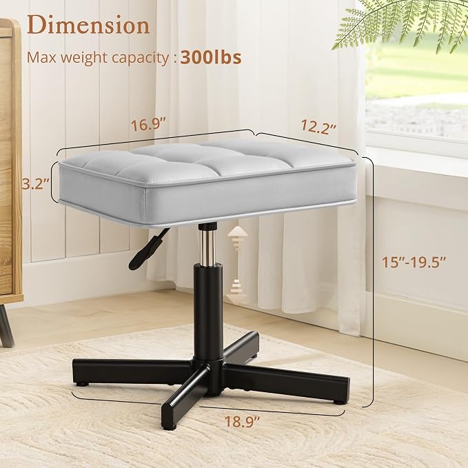 LUE BONA Adjustable Vanity Stool, 15''-19.5'' Foot Rest Under Desk, 360° Swivel Vanity Chair for Makeup Room, Silver Upholstered Faux Leather Ottoman for Bathroom & Living Room, 300lbs