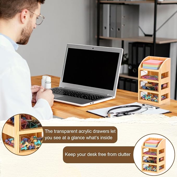 3 Drawer Desktop Accessory Storage Acrylic Sticky Note Holder with Drawers Clear Post it Note Holder Wood Paper Clip Organizer Push Pin Holder Desk Organizer Small Space 4.53"L x 4.1"W x 7.7"H
