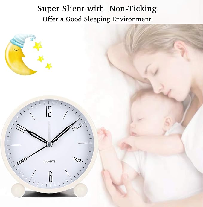Outwit Analog Alarm Clock, 4 inch Super Silent Non Ticking Small Clock with Night Light, Battery Operated, Simply Design, for Bedroom, Bedside, Desk