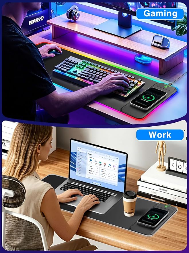 XL RGB LED Gaming Mouse Pad with 15W Magnetic Wireless Charging | 31.5'' x 11.8'' Large Desk Mat, 24 Lighting Effects Keyboard Pad with Non-Slip Rubber Base, Waterproof Easy Gliding Surface