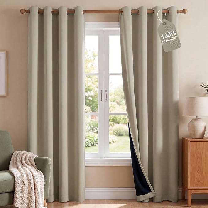 NICETOWN 100% Blackout Curtain Panels 84 inch Long for Living Room, Cream, 2 Panels, Thermal Insulated Farmhouse Blackout Window Drapes for Bedroom