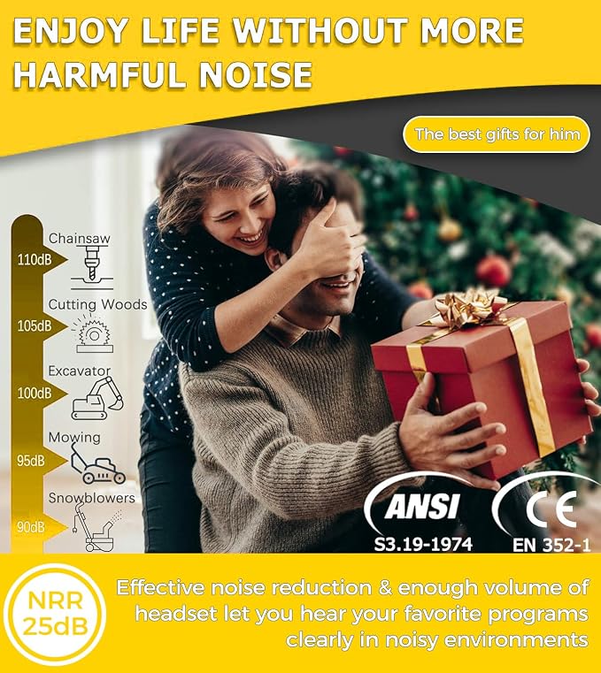 PROHEAR 037 Bluetooth 6.0 Hearing Protection Headphones with Rechargeable 1500mAh Battery, 30dB SNR Safety Noise Reduction Ear Muffs 120H Playtime for Mowing, Workshops, Snowblowing - Yellow