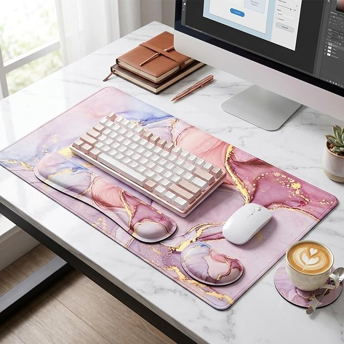 LATEEFAH Desk Mat, Mouse Pad with Wrist Rest, 4-in-1 Large Mouse Pads for Desk, Ergonomic Mouse Pad and Keyboard Wrist Rest Gaming Keyboard Mat for Office, Home