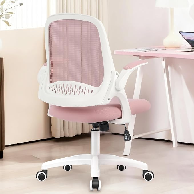 NEO CHAIR Office Desk Gaming Ergonomic Computer Chair with Lumbar Back Support Adjustable Height Swivel Rolling Wheels Flip-up Arms Mesh Chair for Home Vanity (Pink)
