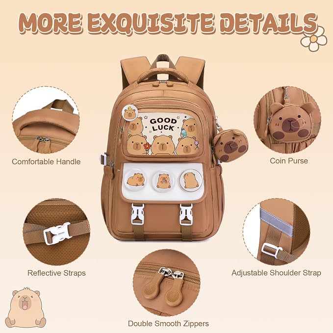 Capybara Backpack for Girls with Headphones - 4PCS Girls Backpack for Kindergarten Elementary Middle High School Travel - 3.5mm Wired Headphones Backpacks Back to School Gift(Brown)