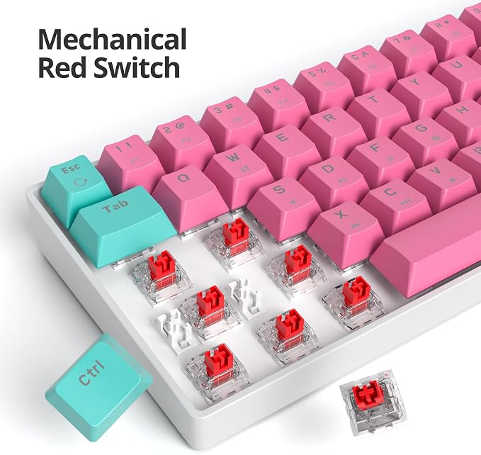 65 Percent Gaming Keyboard Mechanical with Linear Red Switch, 65% Wired Ultra-Compact Mini Pink Keyboard LED with PBT Keycaps for Ps4/Ps5/Xbox(68 Miami)