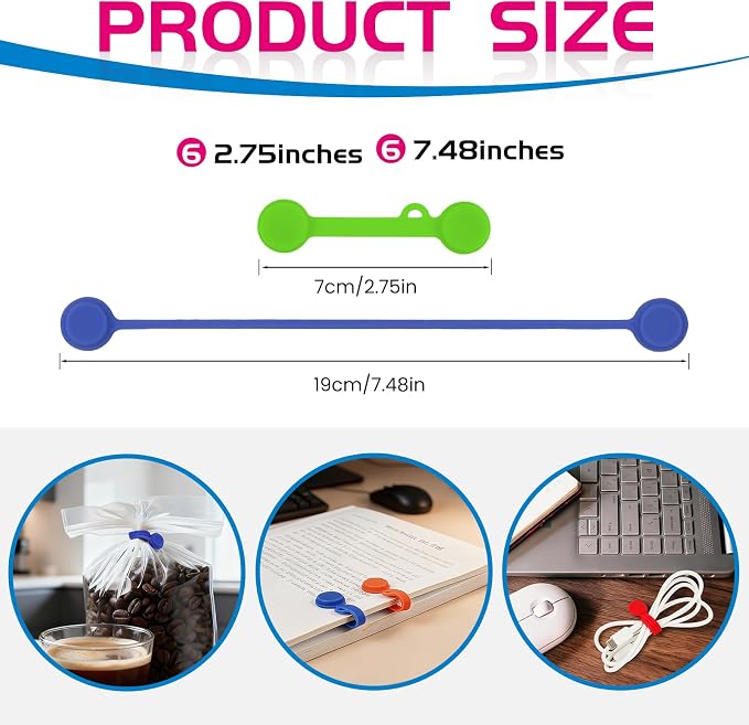 12pcs Silicone Magnetic Cord Organizer Cable Ties Reusable Clips, Cable Straps Phone Cord Holder for Bundling and Organizing, Book Marks, Fridge Magnets Colorful