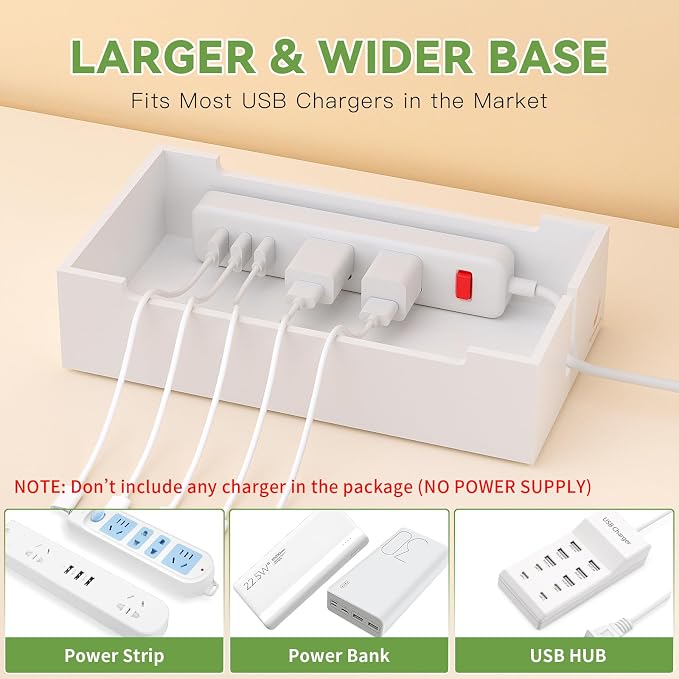 Pezin & Hulin Charger Station Organizer, No Power Charging Supply-White | Bamboo Cable Management Box, Power Strips and Cord Hider, Nightstand Device Organizer (Include 6 Cables)