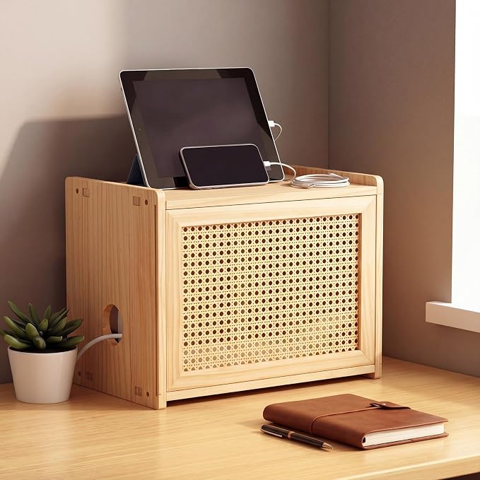 Wi-Fi Router Box Hider, Wi-Fi Router Storage Box with Synthetic Rattan Decor, Modem Cable Cover Organized, Power Strip Cable Hider Rack(Natural Wood Color,16 x 10.4 x 12 Inches,Wood)