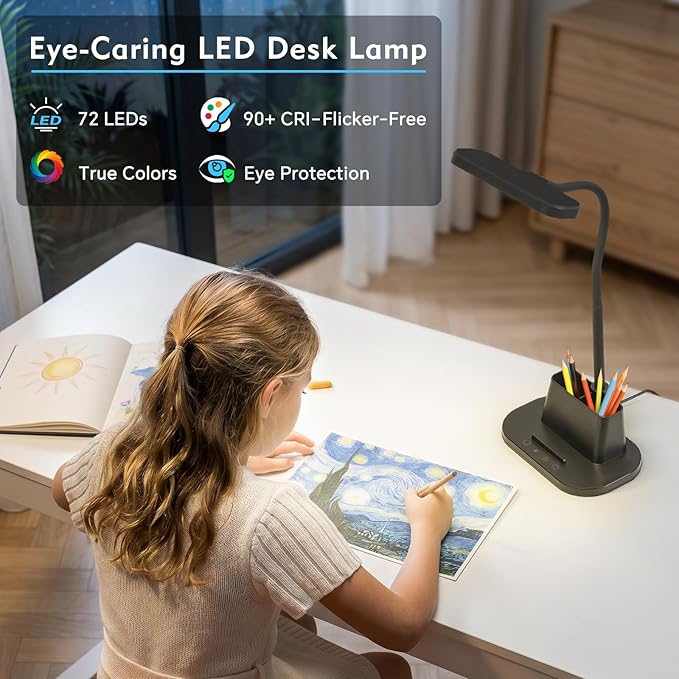 BOHON Desk Lamp for Home Office Reading Light with USB Charging Port Black | Small Desk Lamps with Pen Holder, 5 Color Modes 5 Brightness, Touch Gooseneck LED Table Lamp for Dorm Room Essentials Study