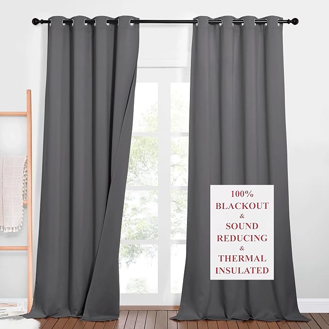 NICETOWN 3-in-1 Dampen Noise Blackout Thermal Reducing Curtains, Heavy Full Light Shading Drapes with Detachable Liner for Villa/Hall/Dorm Window（Gray, Package of 2, 52 inches Wide x 95 inches Long