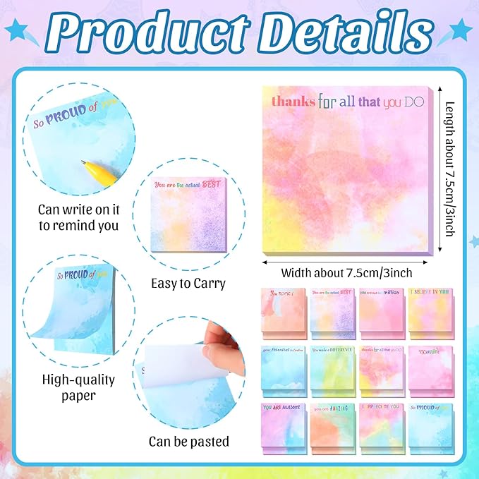 Yinder 24 Pcs Inspirational Sticky Notes Thank You Gift Motivational Sticky Note Pad Employee Appreciation Gift Bulk for Staff Coworker Teacher Nurse Office Groups 3 x 3'' (Thank You,Water Color)