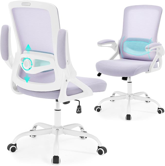 Executive Office Chair with Adjustable Lumbar Support Flip-Up Arms,Lavender | Desk Chair Breathable Mesh Comfy Computer Chairs with Flip-up Armrests Executive Task Chair for Adults Home Office,400lbs