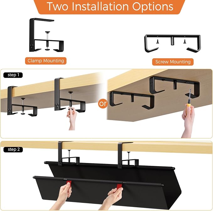 Under Desk Cable Management Tray, 28" Fabric Wire Cord Organizer, Black | No Drill Under Table Wire Organizer with 16X Cable Ties for Office/Home, Cord Hider Fit Adapters & Sockets, Clamp/Screw Mount