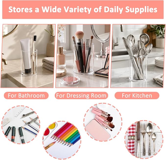 Mototo 3PCS Clear Acrylic Pen Holder Round Pencil Cup Office Desk Organizer | Toothbrush Utensil Holder Marker Makeup Brush Organizer Pencil Box Coffee Stirrers Storage Container for Classroom Counter